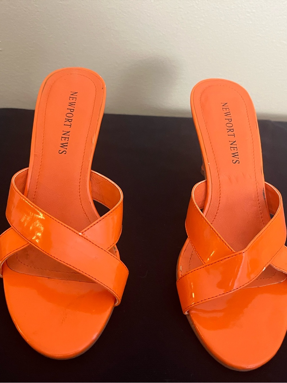 Newport News Orange Patent Crisscross Slide Mules
